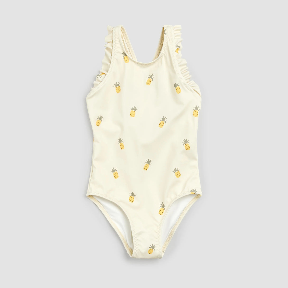 Front flat lay of Petit Lem birch one-piece swimsuit with yellow pineapple print and ruffled straps
