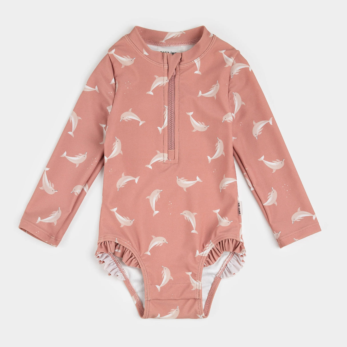 Petit Lem baby girl Wild Rose dolphin-print long-sleeve one-piece swimsuit front view **baby girl swimsuit**