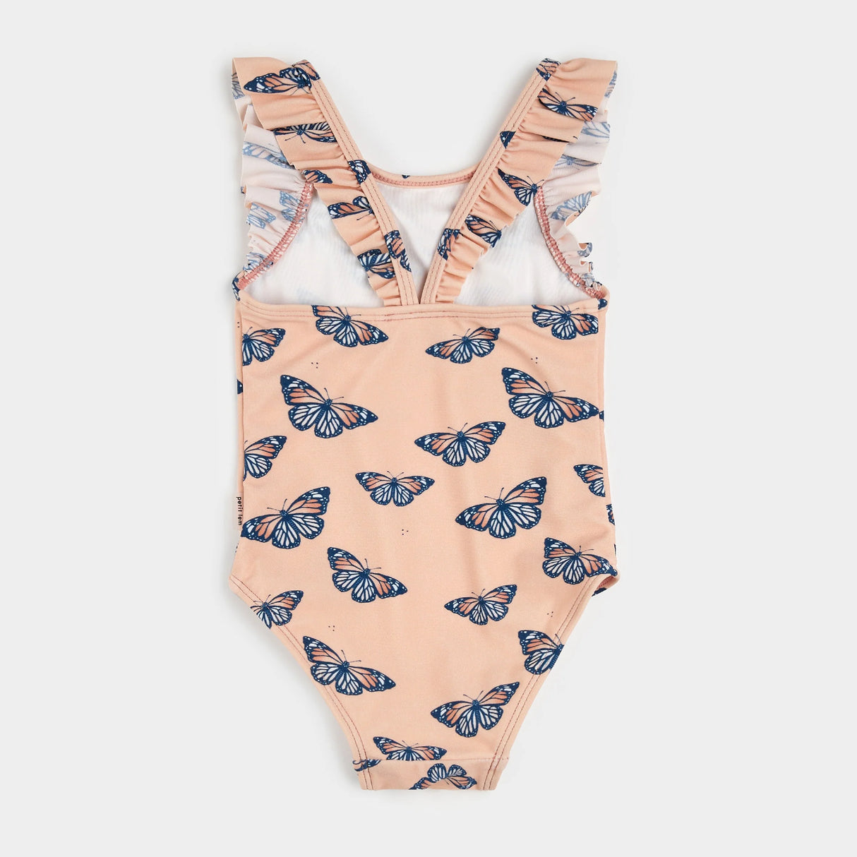 Full view of Petit Lem monarch butterfly kids swimsuit in papaya for baby girl and girl sizes