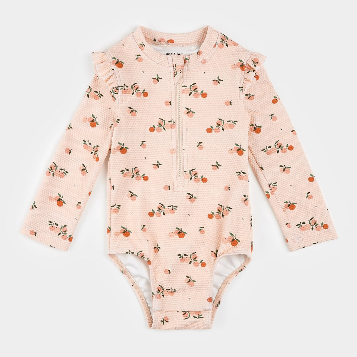 Petit Lem baby girl one-piece swimsuit orange print creme tan front view