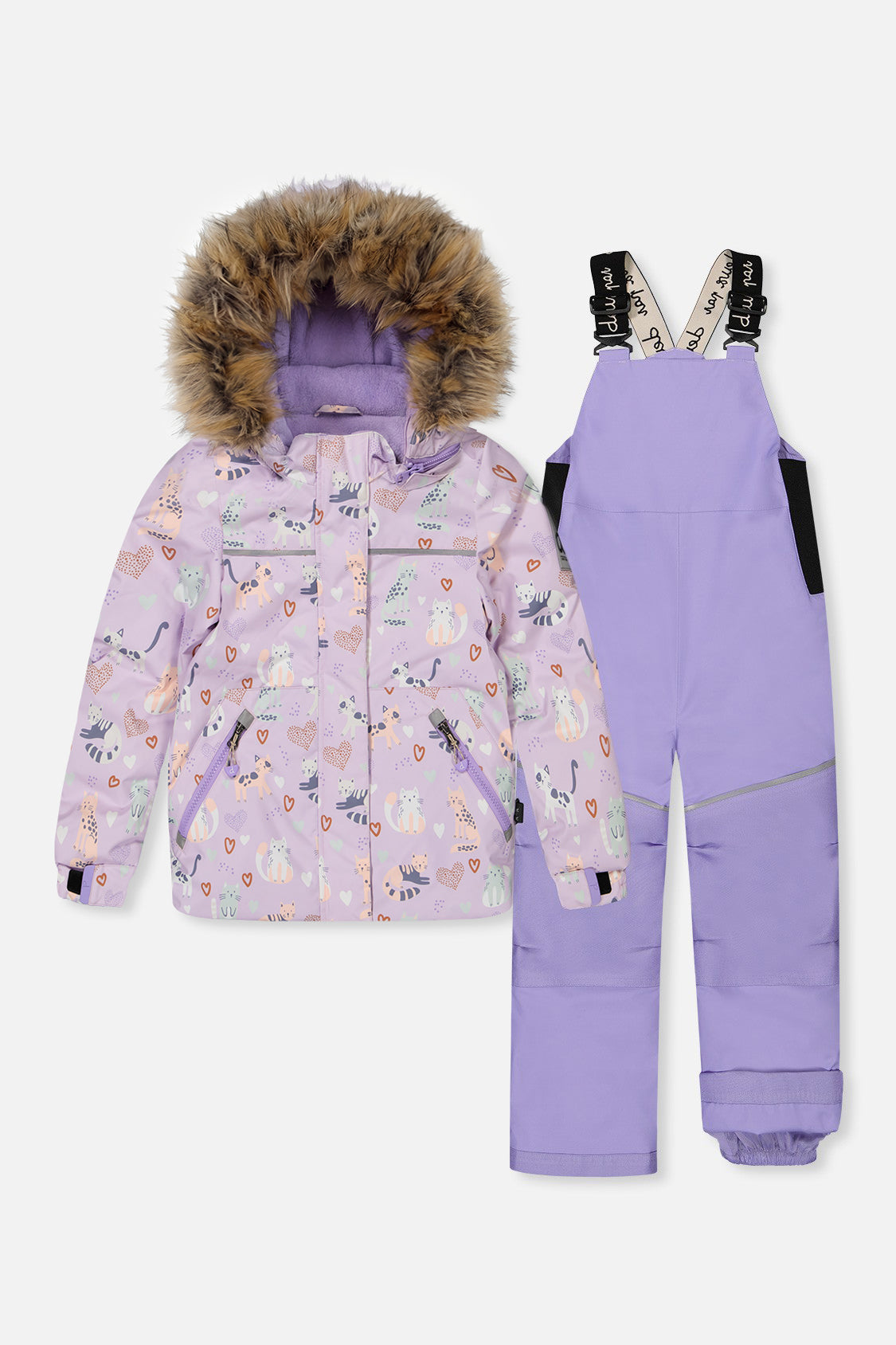 Deux par Deux DISCOVER two-piece snowsuit in purple printed cats, alternate winter product view