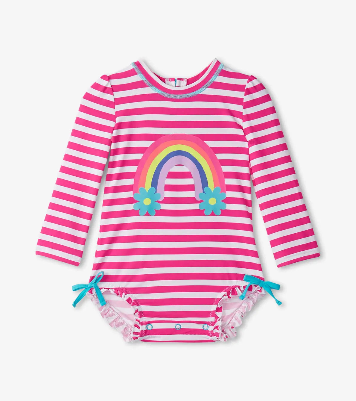 Front flat lay of Hatley baby girls pink candy stripes long-sleeve rashguard swimsuit with rainbow graphic