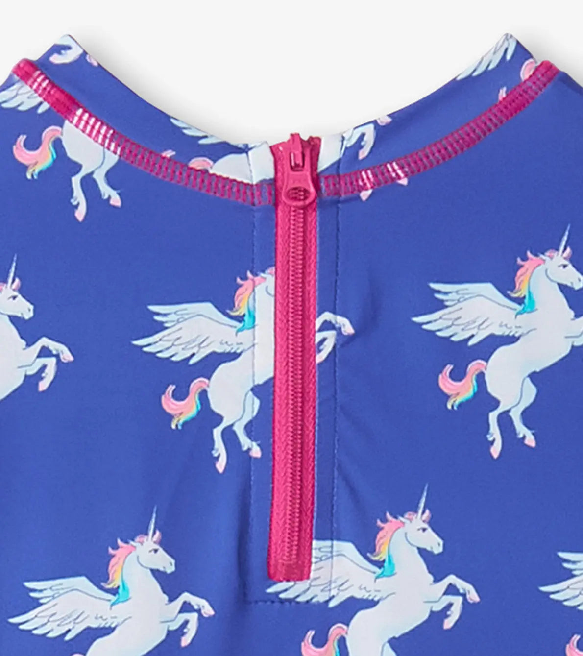Close-up of neckline and zipper on Hatley blue unicorn print rashguard one-piece