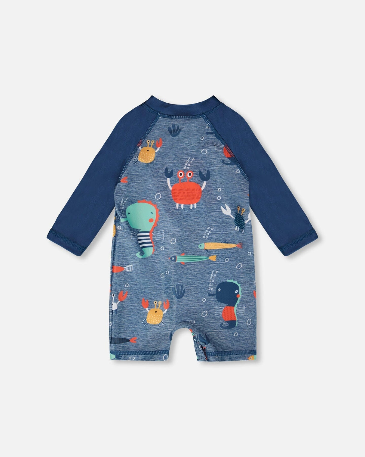 Back view of blue marine animals print long sleeve one-piece for baby and toddler boys