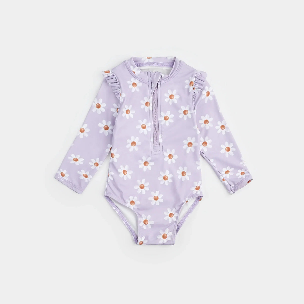 Lavender long-sleeve Petit Lem baby girl one-piece swimsuit with daisy print laid flat
