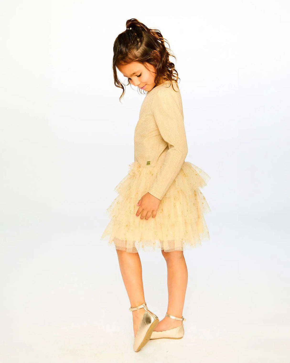 Glittering Mesh Skirt Party Dress Beige | Deux par Deux | Jenni Kidz