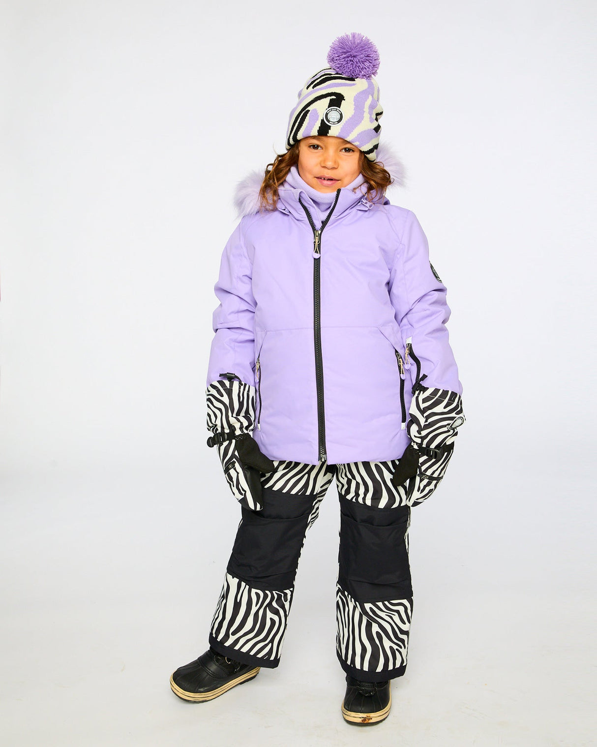 Lined Knit Pompom Hat Black, White And Lilac-1