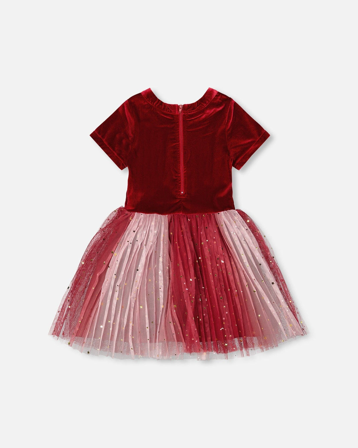 Bi-Material Short Sleeve Party Dress Red-2