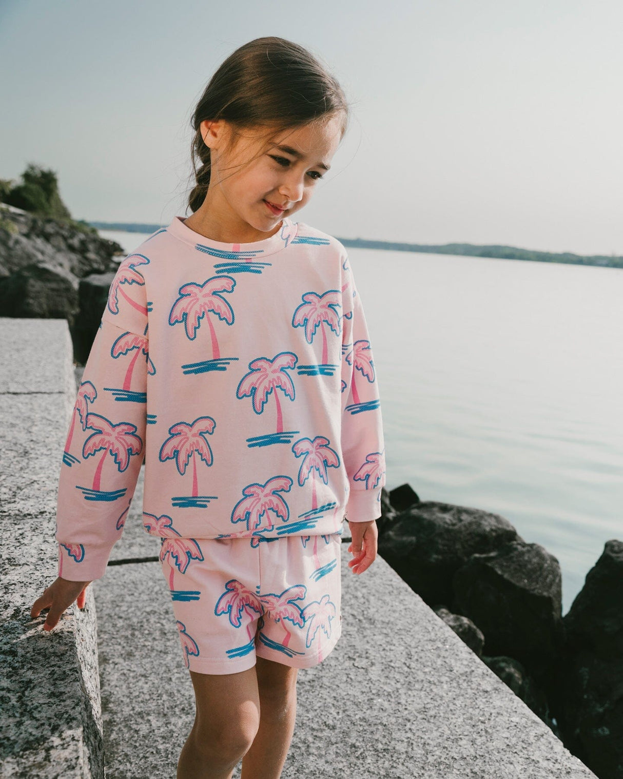 French Terry Sweatshirt Light Pink Palm Print-1