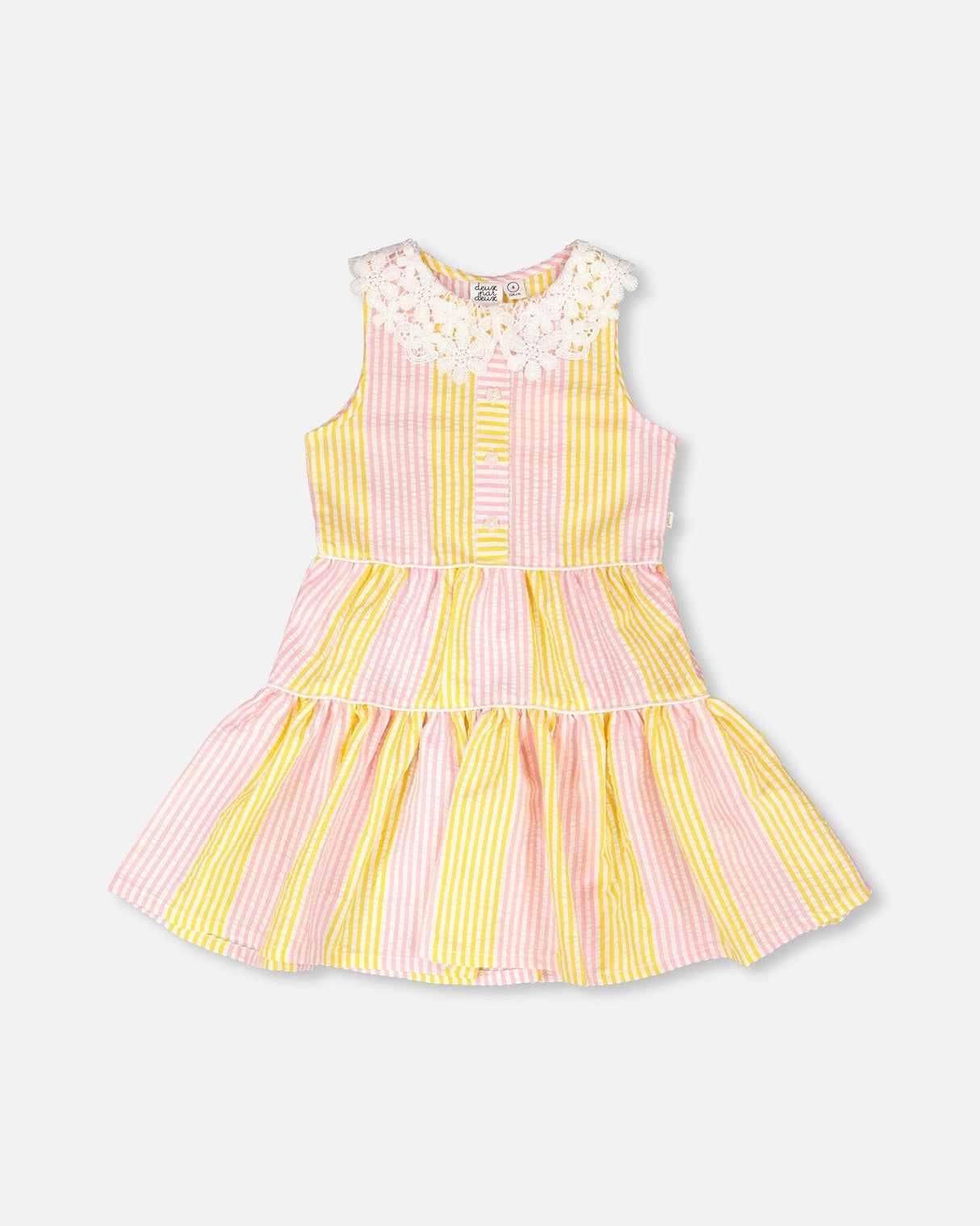 Sleeveless Dress With Crochet Peter Pan Collar Pink And Yellow Stripes-0