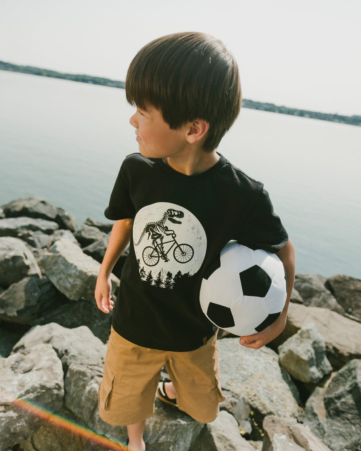 Organic Cotton Jersey T-Shirt With Dino On Bike Print Black-1