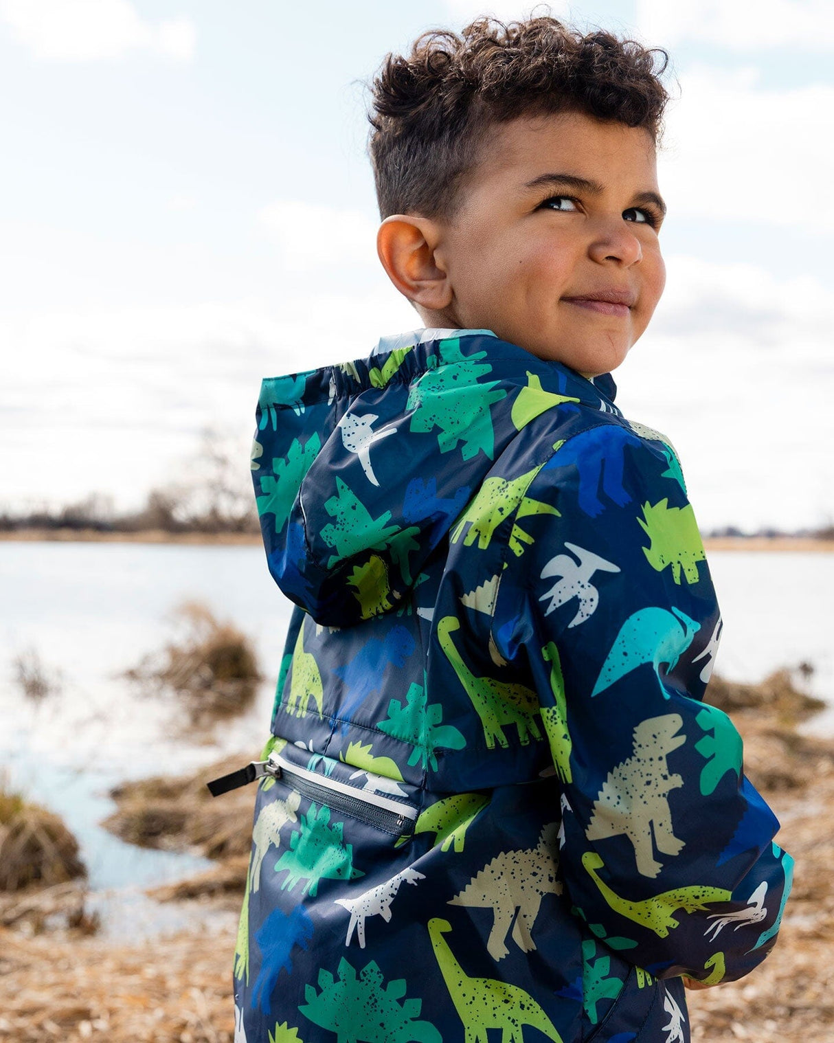 Packable Windbreaker In Polyester Blue Dinosaur Print-1