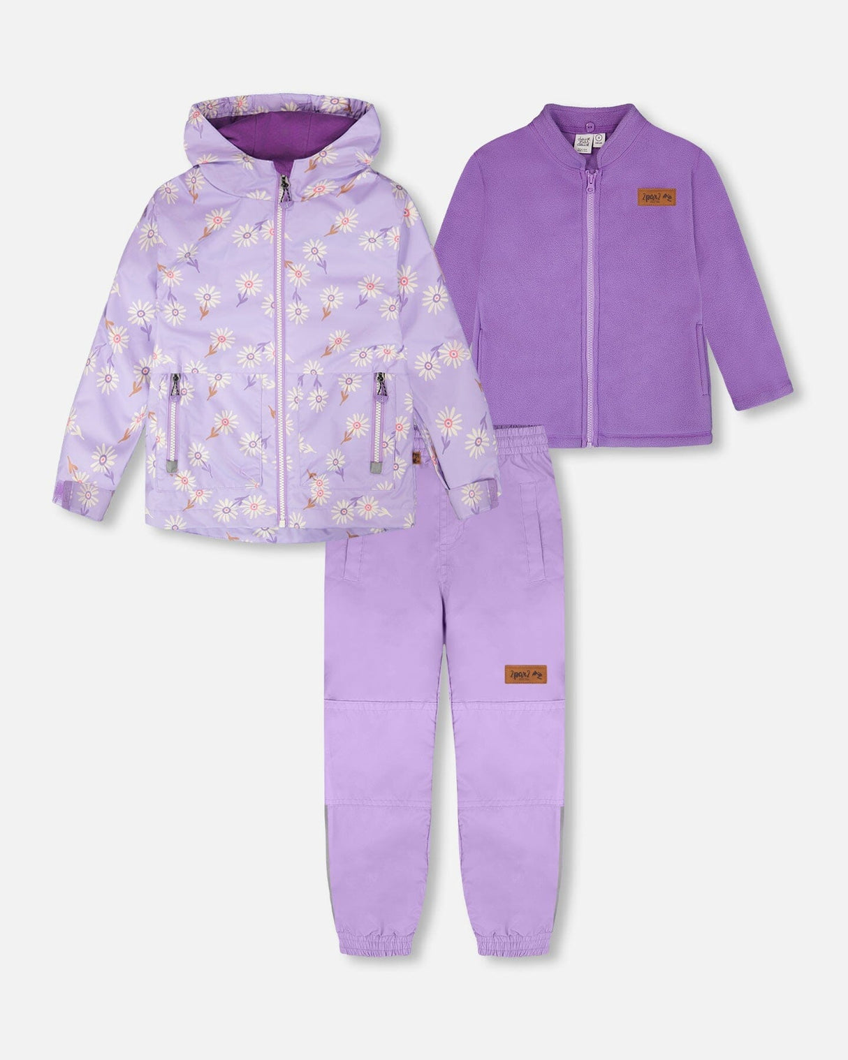 3-In-1 Two-Piece Mid-Season Outerwear With Solid Pants Set Purple Daisy Print-0