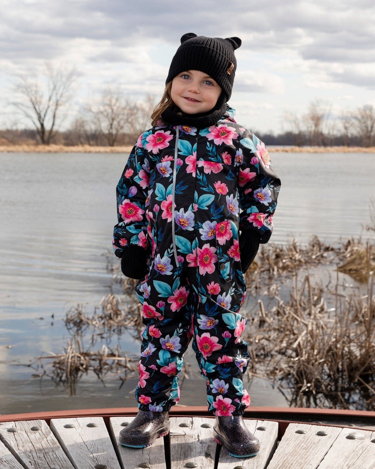 Baby Mid-Season One-Piece Outerwear With Hat Black Printed Flowers-2