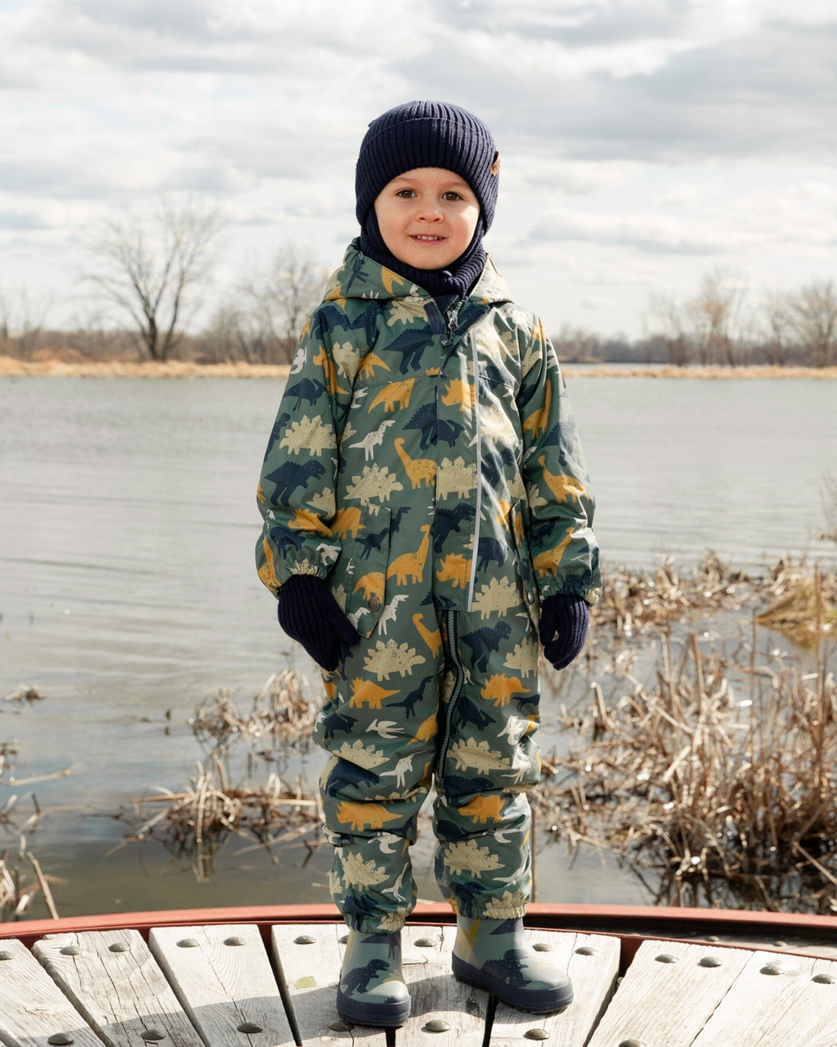 Rain Boots In Natural Rubber Green Dinosaur Print-1