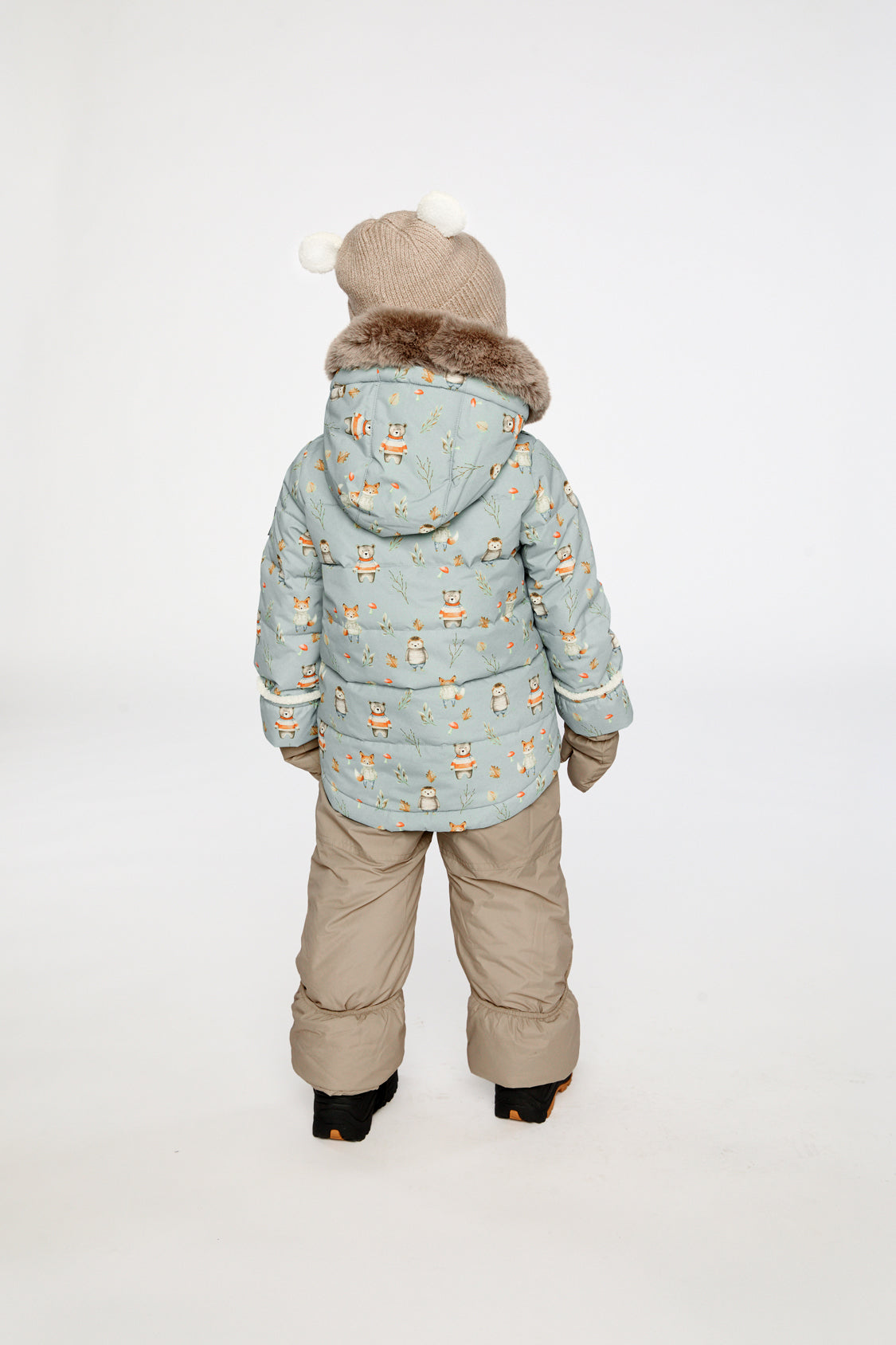 Alternate winter lookbook view of the Deux par Deux baby two-piece snowsuit in Blue Animal Print