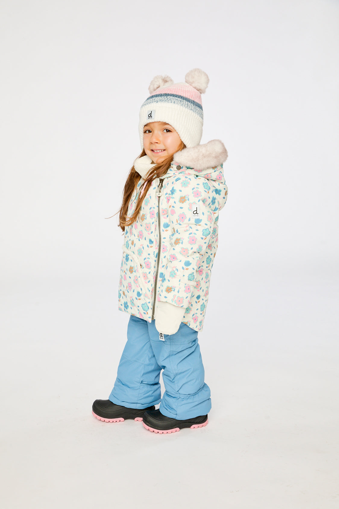 Deux par Deux baby two-piece snowsuit in White with Floral Print shown from an alternate modeled winter angle