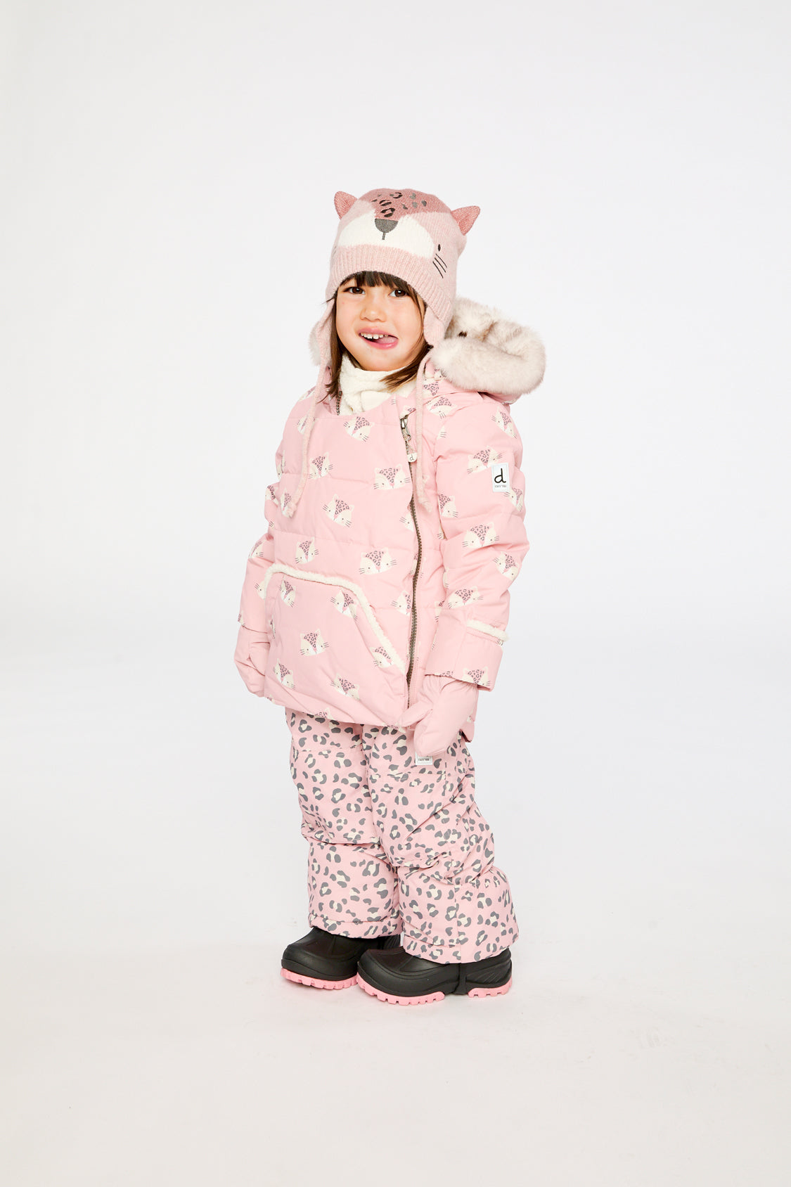 Rose leopard Deux par Deux baby winter snowsuit with sherpa neckwarmer