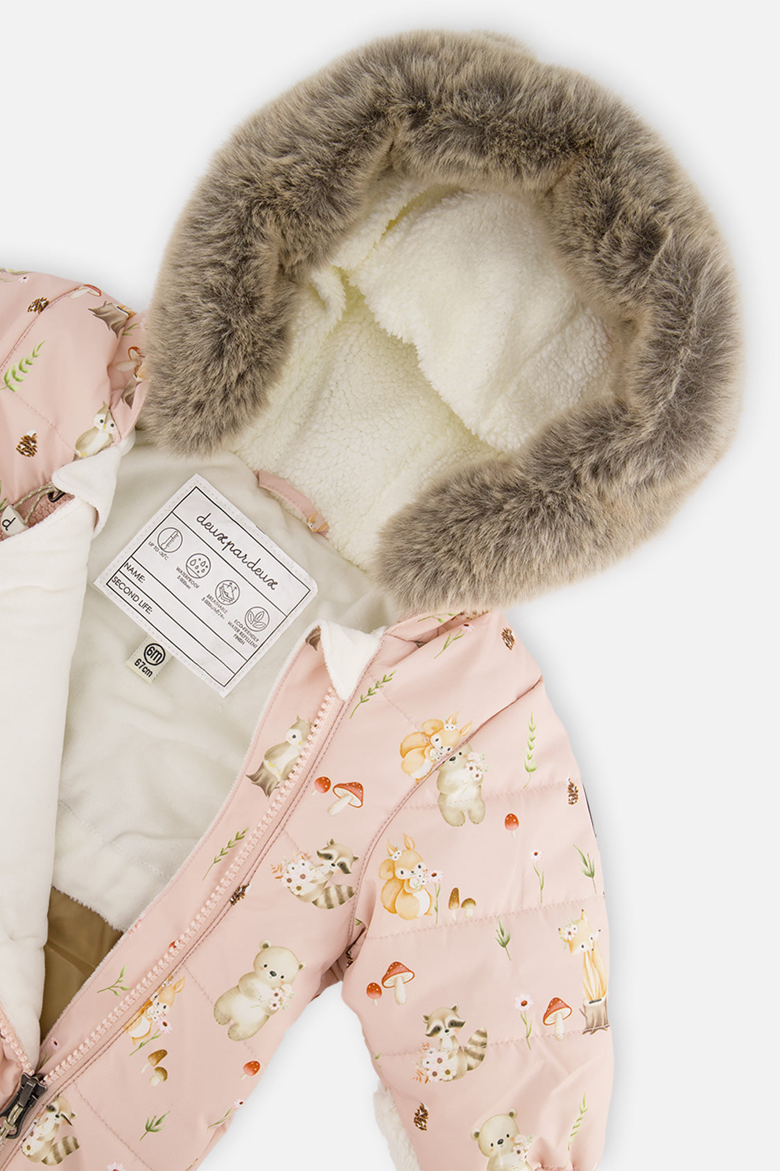 Deux par Deux baby car-seat one-piece snowsuit in Pink Animal Print — alternate winter feature detail