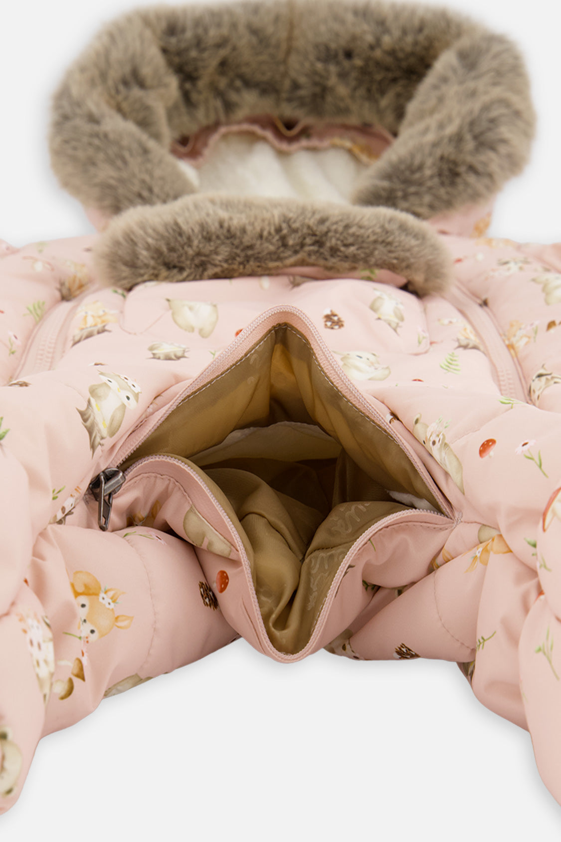 Deux par Deux baby car-seat one-piece snowsuit in Pink Animal Print — close-up product detail