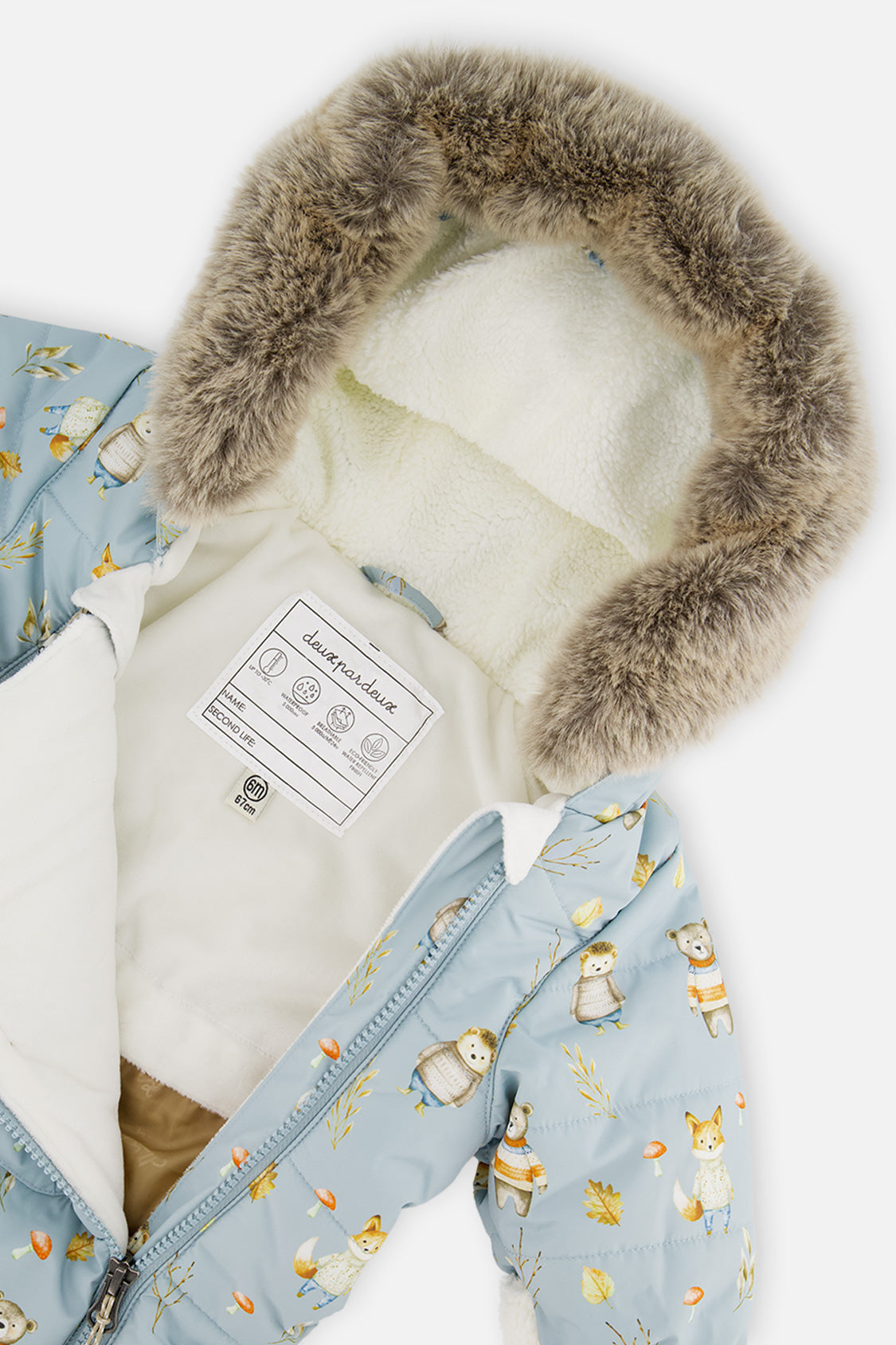 Deux par Deux blue animal baby car-seat snowsuit shown with its one-piece winter construction