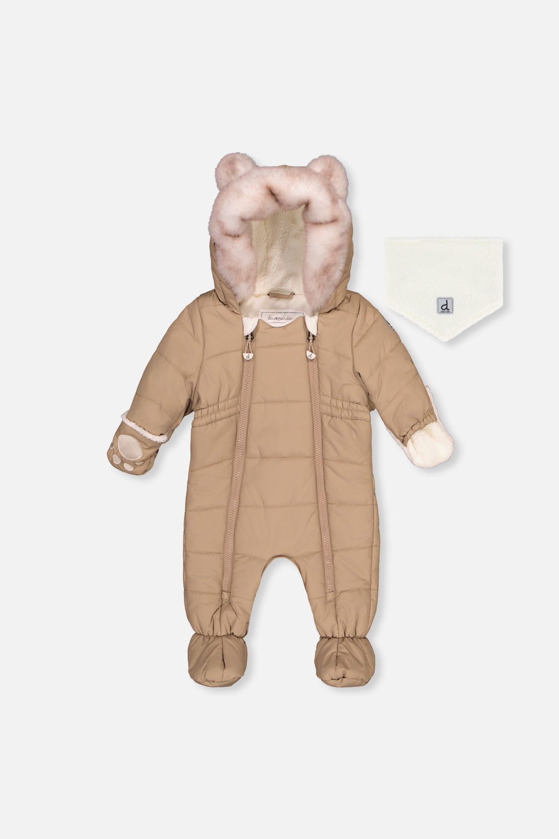 Deux par Deux taupe baby one-piece snowsuit adapted for car seats, winter product view