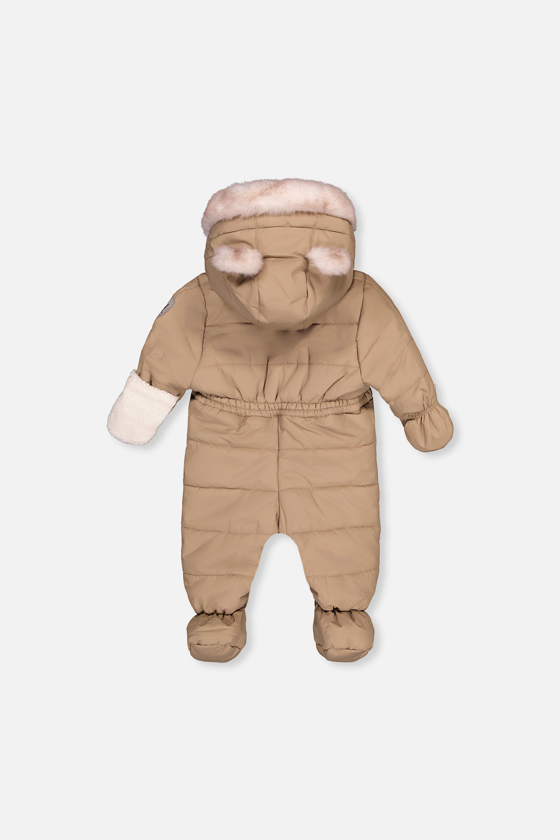 Deux par Deux taupe baby car-seat snowsuit shown from an alternate product angle