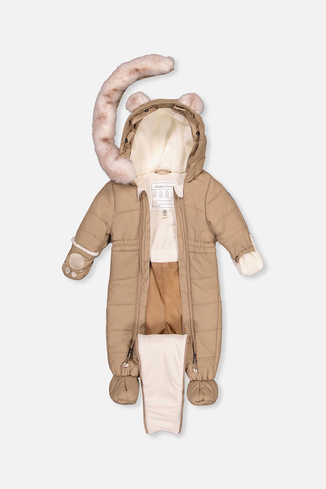 Taupe baby one-piece snowsuit by Deux par Deux shown in a winter product detail view