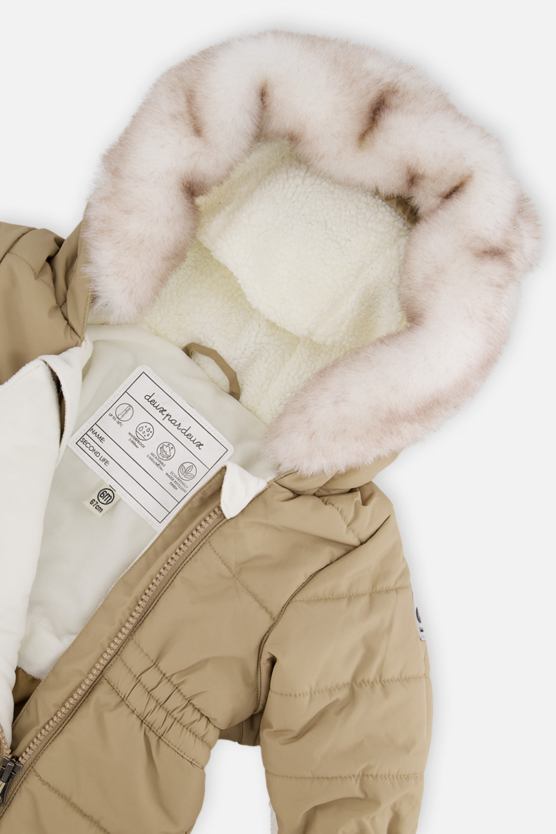 Deux par Deux taupe baby snowsuit adapted for car seats shown with its one-piece construction