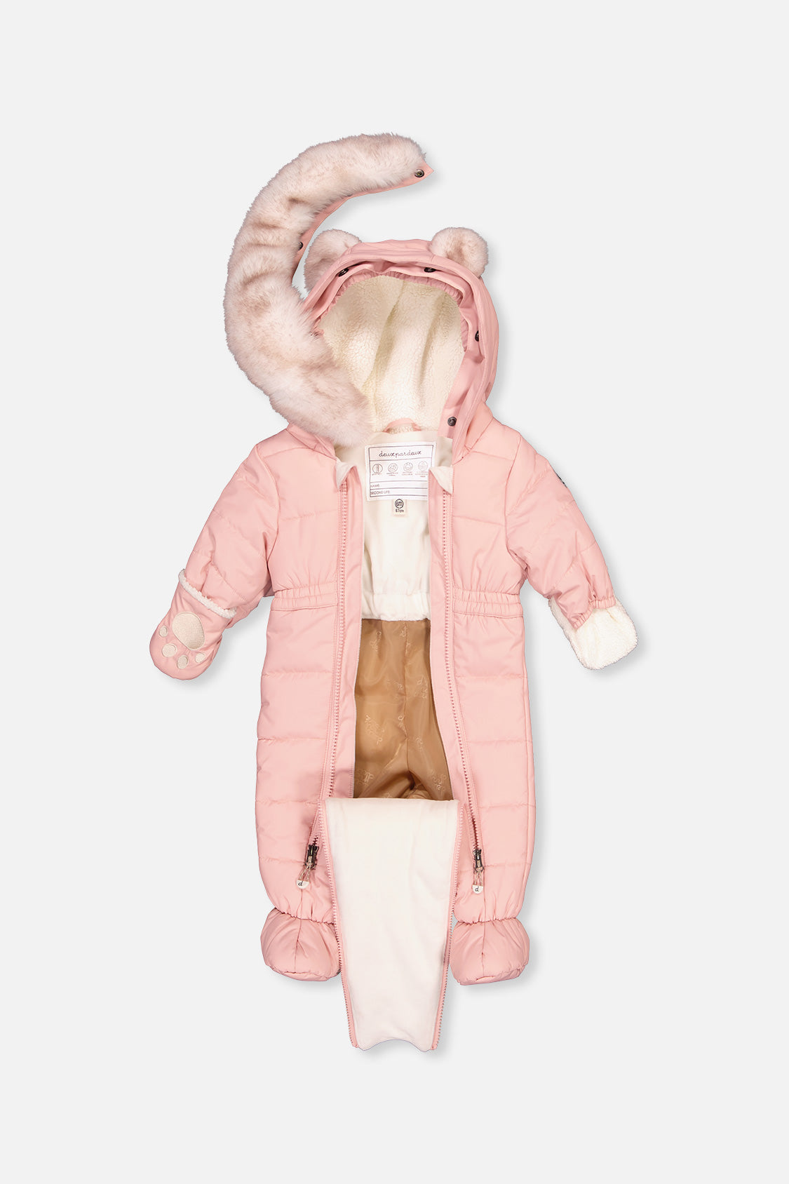 Deux par Deux baby car-seat one-piece snowsuit in Pale Dusty Pink — construction and winter design detail