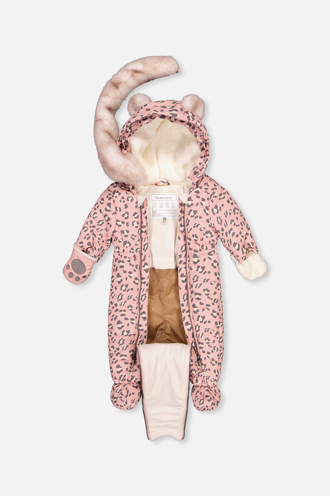 Deux par Deux baby girl Rose Leopard snowsuit with fold-over mittens and booties