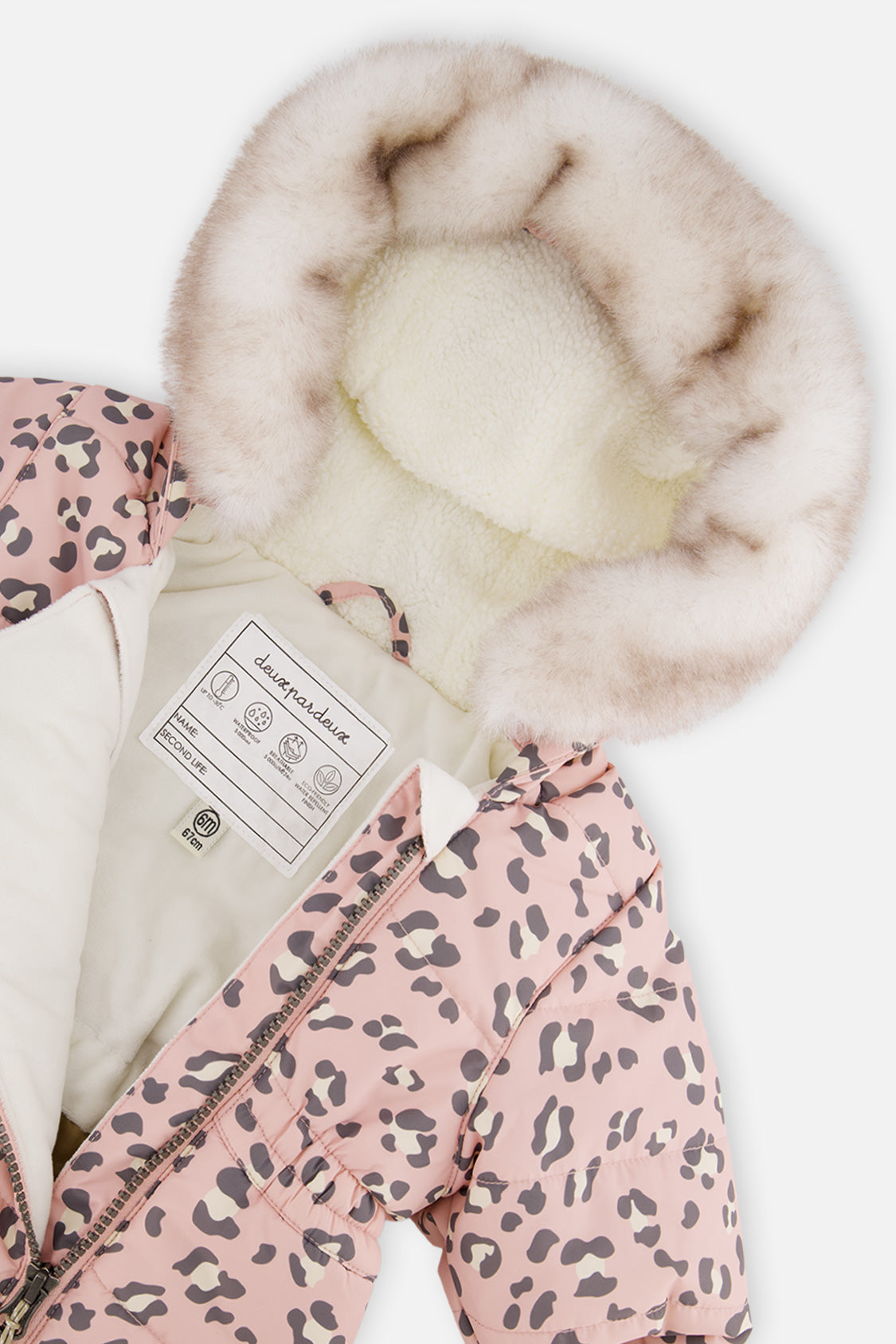 Deux par Deux Rose Leopard baby snowsuit with car seat crotch opening and YKK zipper