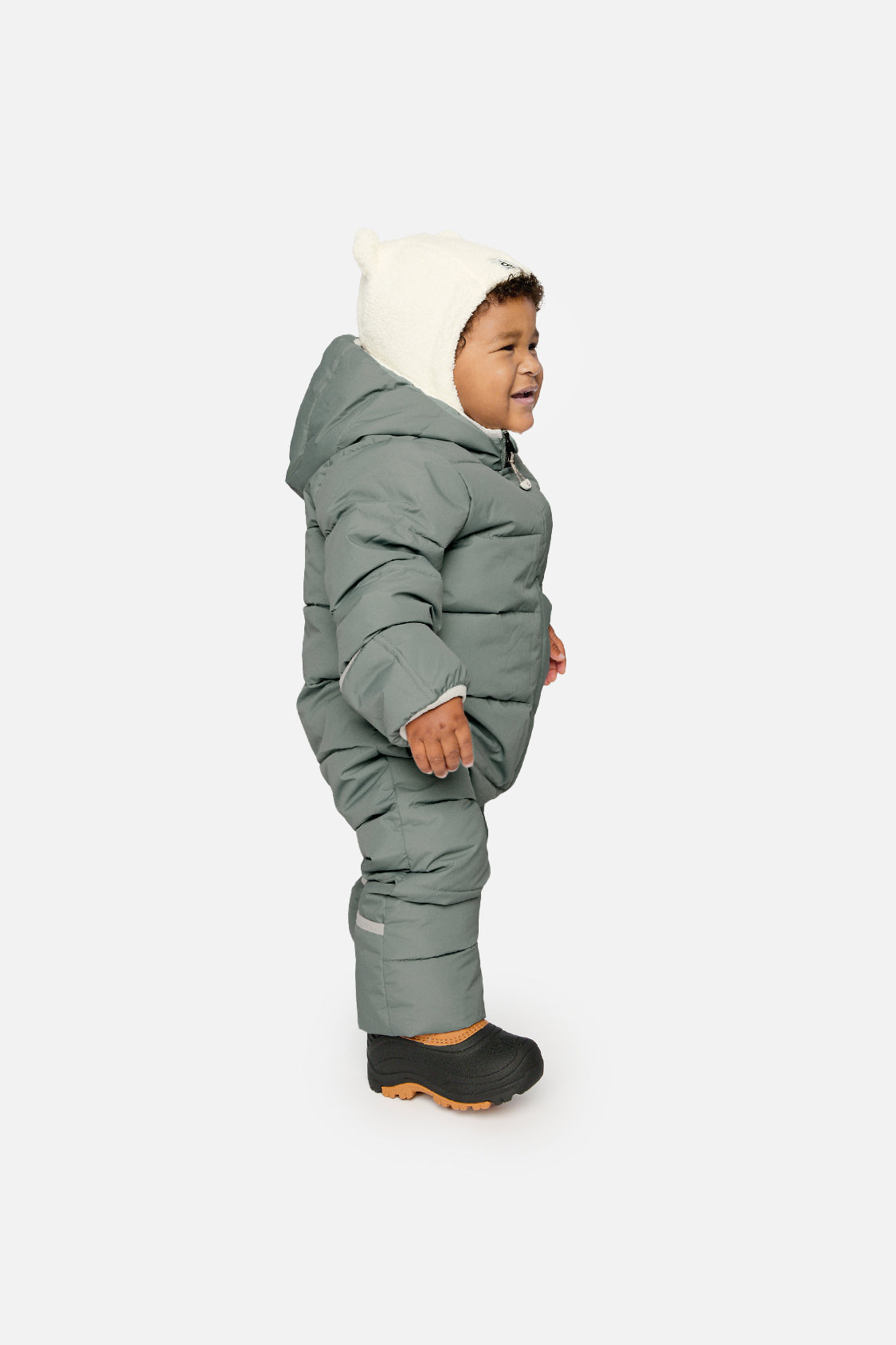 Deux par Deux Baby Cloud Sage Green lightweight PrimaLoft winter snowsuit lifestyle view