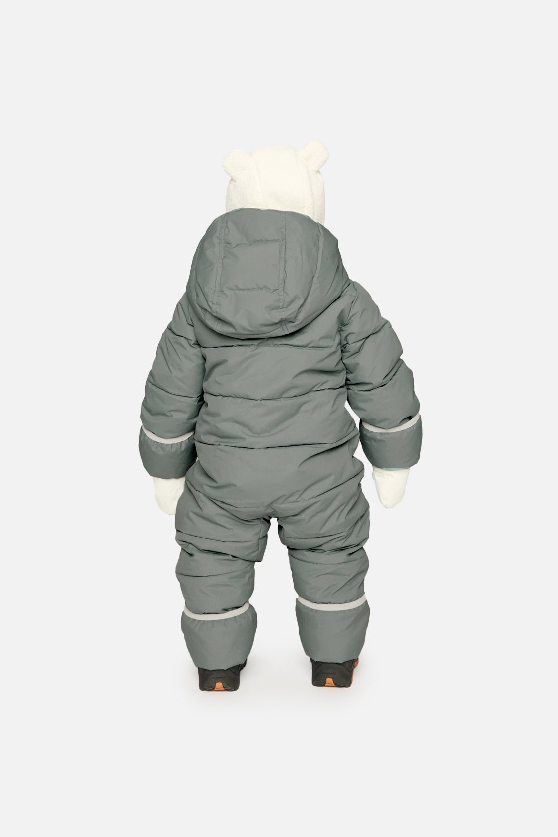 Baby boy in Sage Green Deux par Deux Baby Cloud snowsuit with fold-over cuffs and ankles