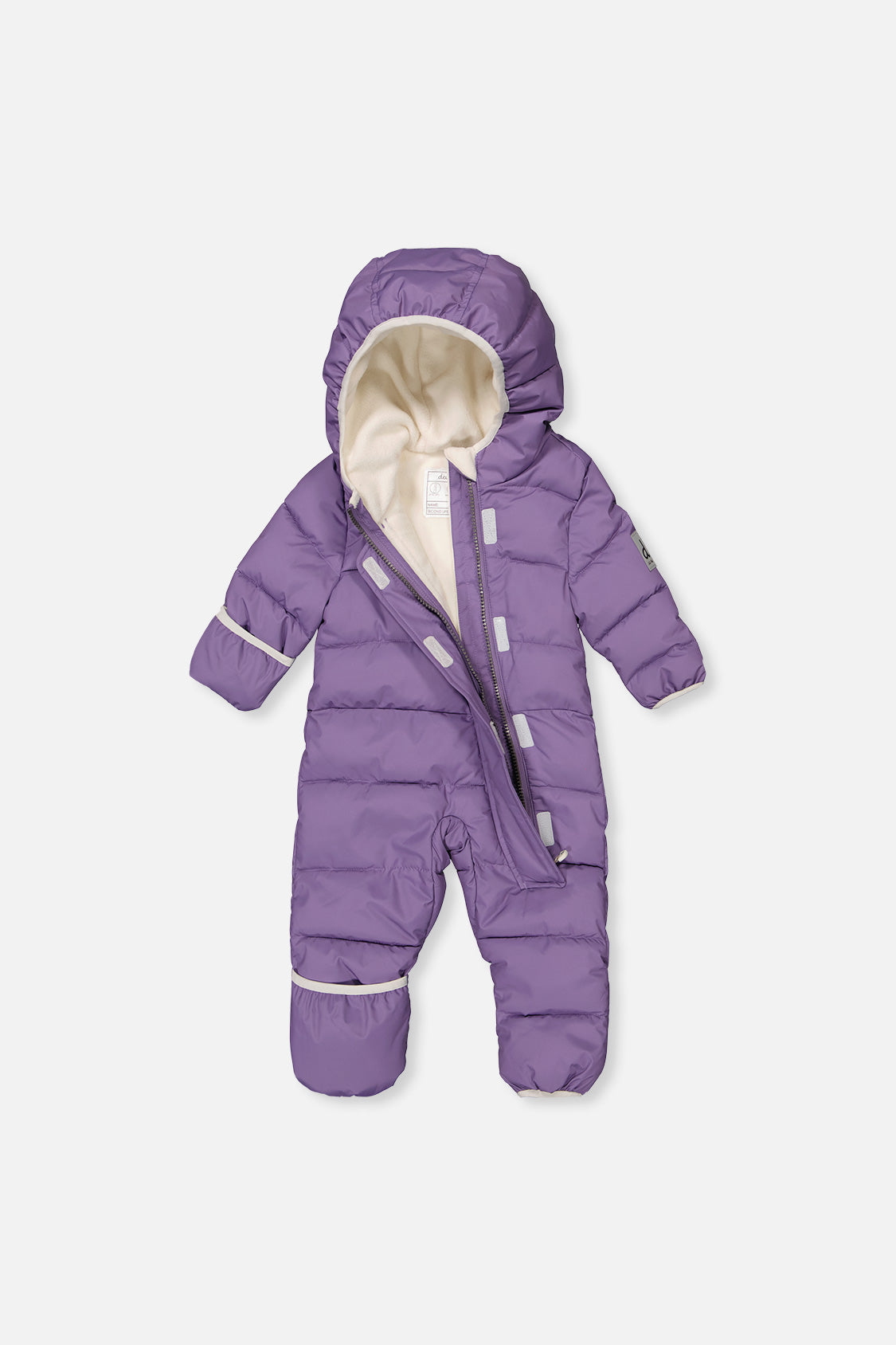 Deux par Deux Baby Cloud violet snowsuit hood and quilted detail