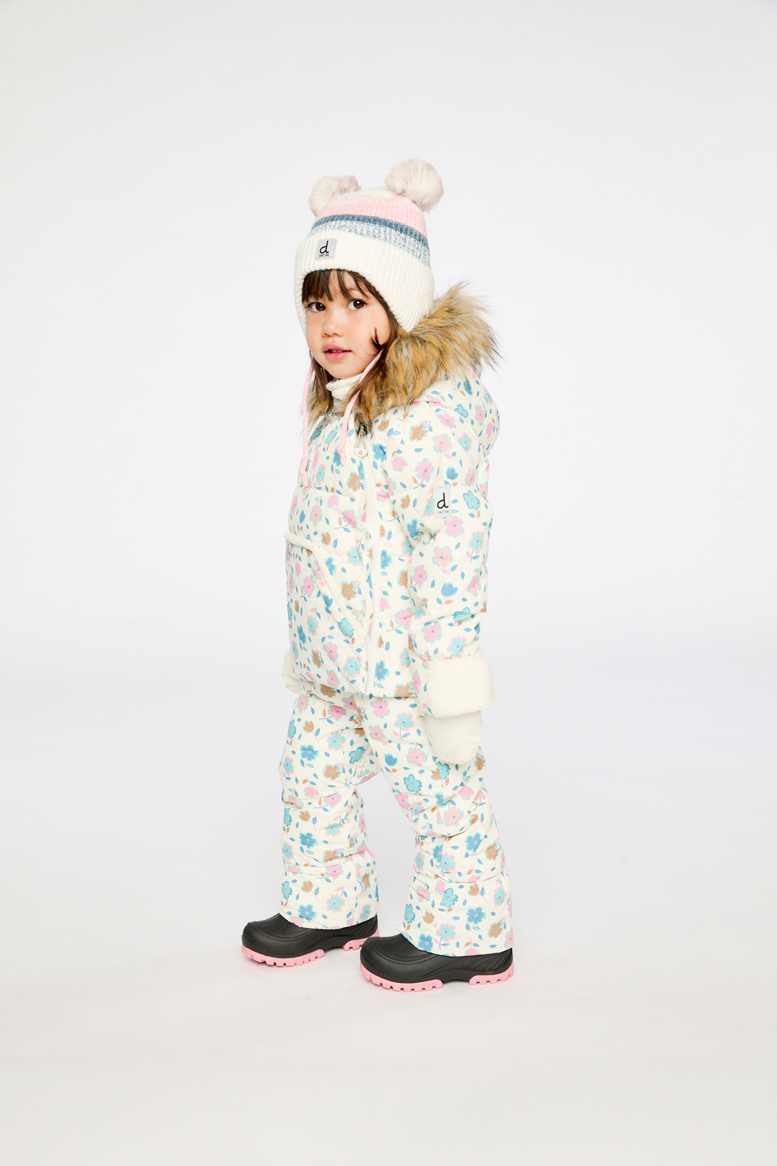 Deux par Deux white floral Baby Snug car seat snowsuit lifestyle view with sherpa hood