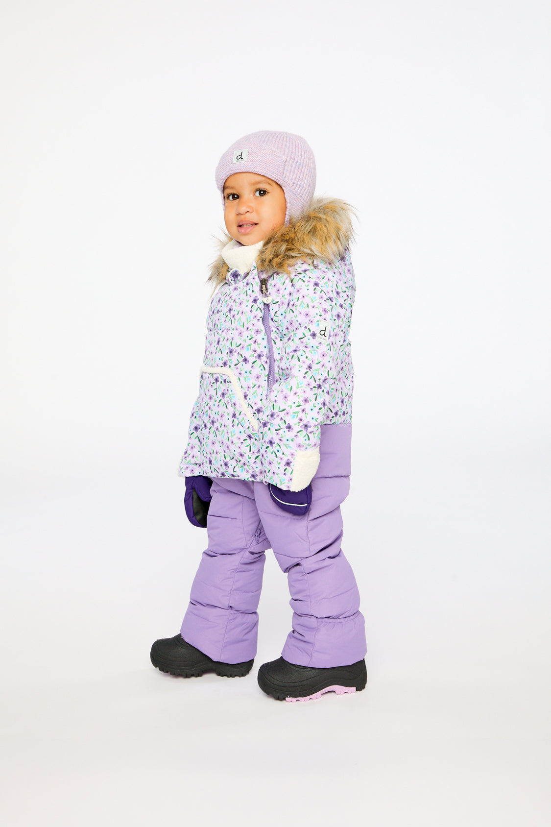 Purple mini floral Baby Snug snowsuit front opening panel detail