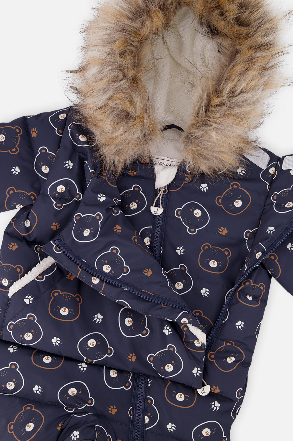 Baby Snug blue teddy bear fold-over cuffs ankles and faux-fur hood detail
