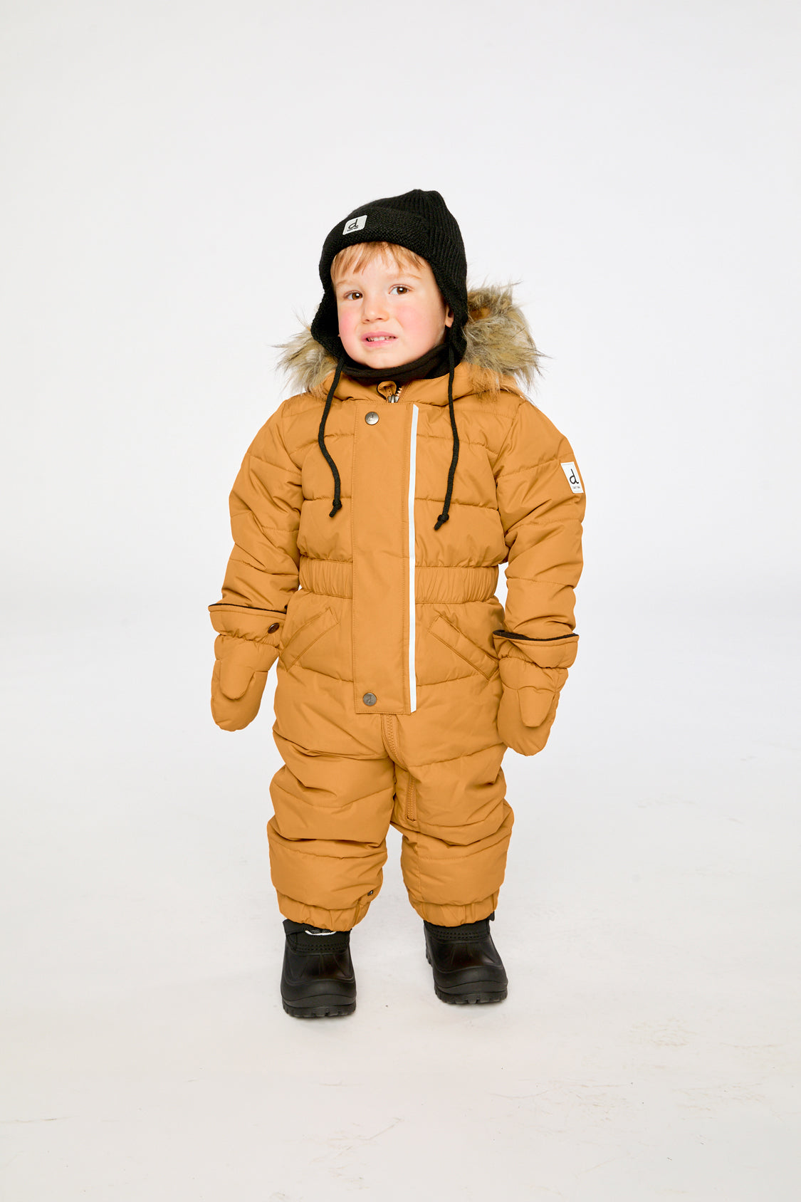 Baby boy wearing Deux par Deux Brown Sugar one-piece puffy winter snowsuit