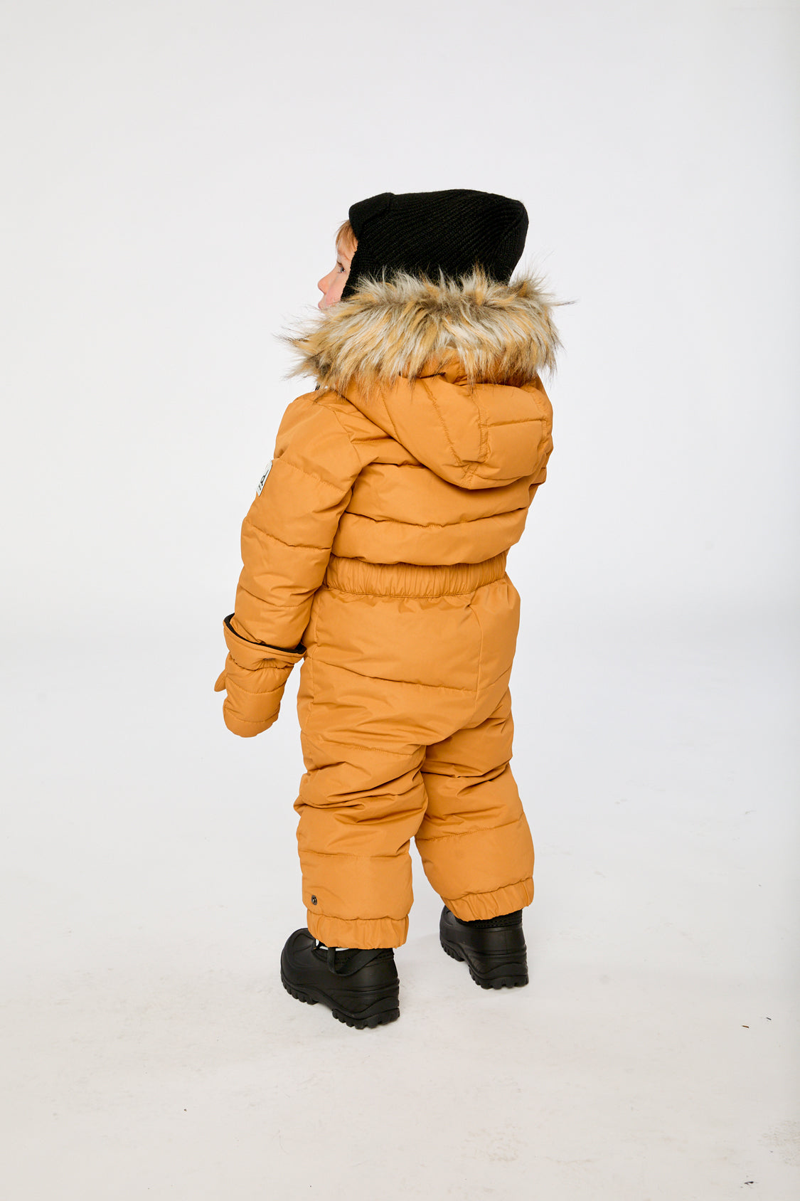 Brown Sugar baby puffy snowsuit with fleece-lined hood and removable faux fur