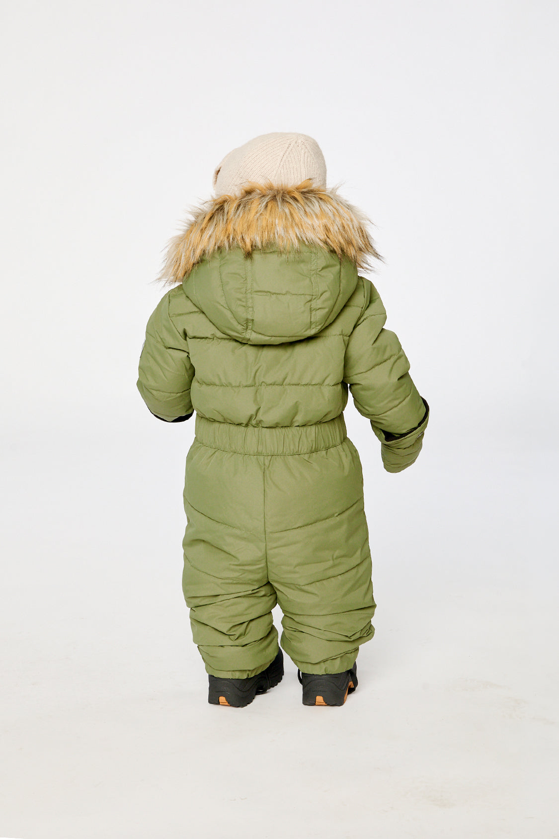 Baby in Deux par Deux -30°C olive green puffy snowsuit for snowy outdoor winter days