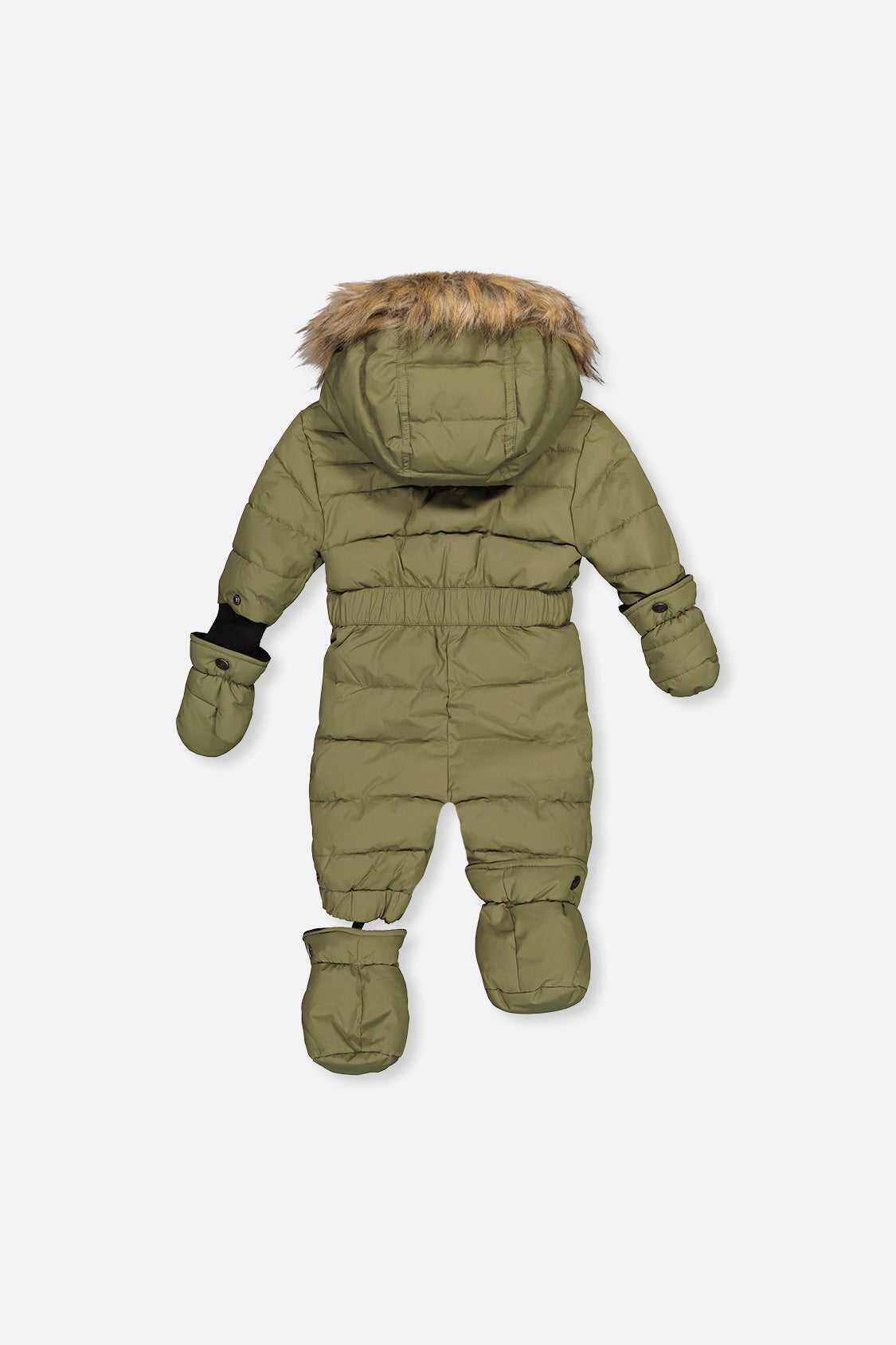 Deux par Deux olive green Baby Original snowsuit with faux-fur hood booties and mittens