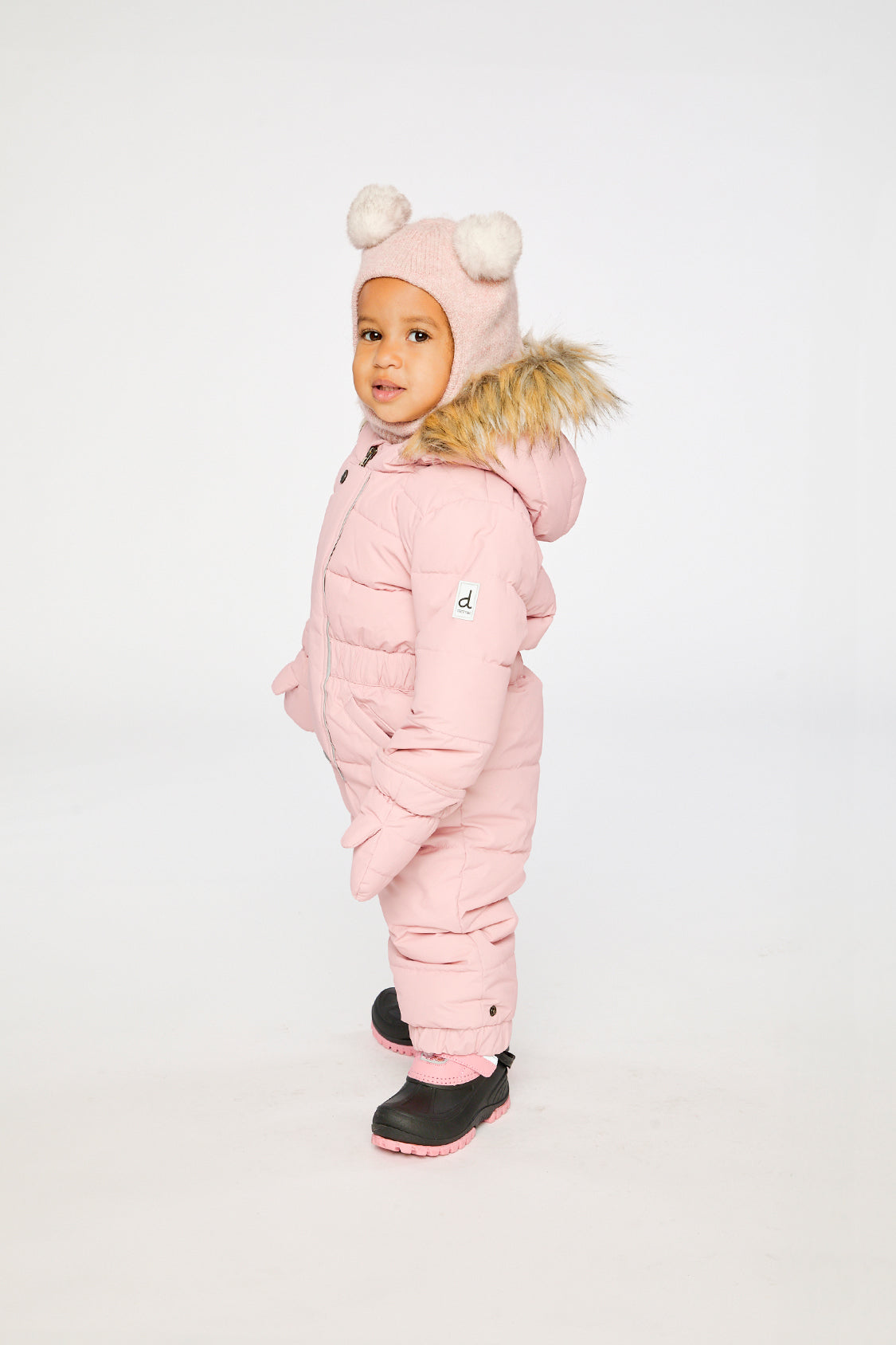 Deux par Deux Pale Dusty Pink baby snowsuit with removable fleece-lined mittens and booties