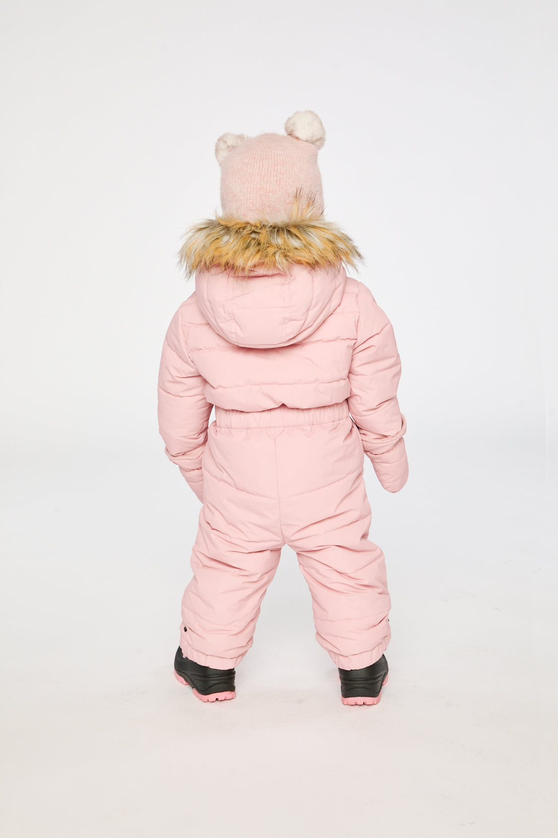 Pale Dusty Pink baby puffy snowsuit with fleece-lined hood and removable faux fur