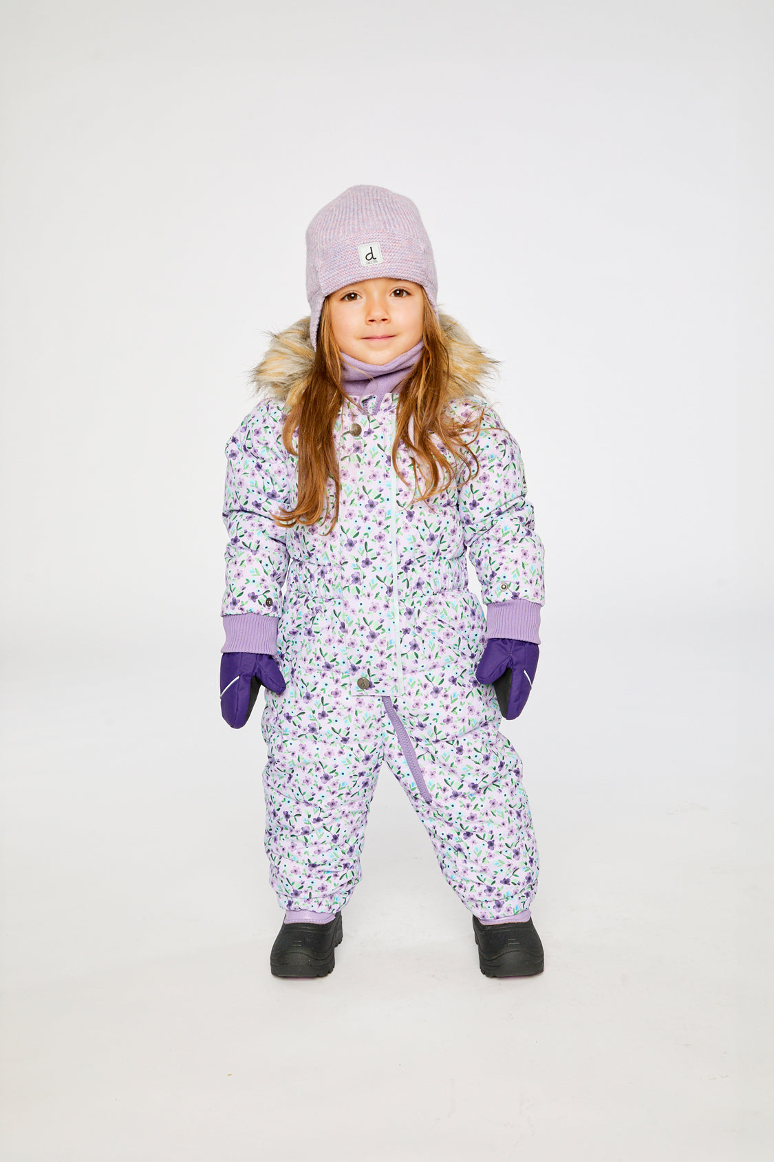 Baby purple floral puffy snowsuit with removable mittens and booties lookbook view