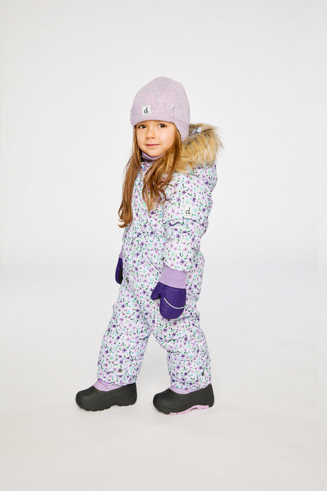 Deux par Deux purple mini flower baby snowsuit winter lifestyle view
