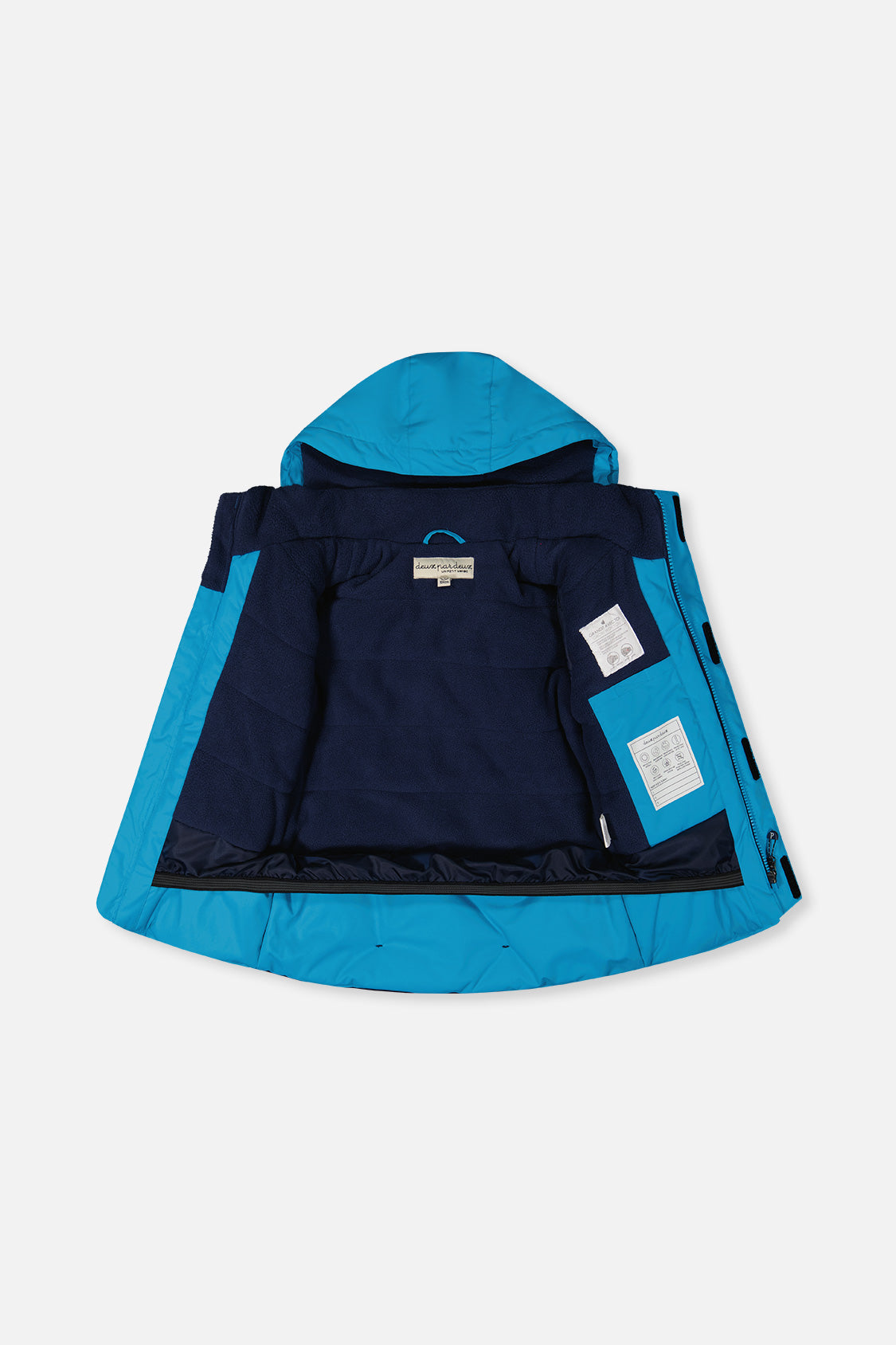 Boys blue winter jacket interior with fleece lining and snow skirt
