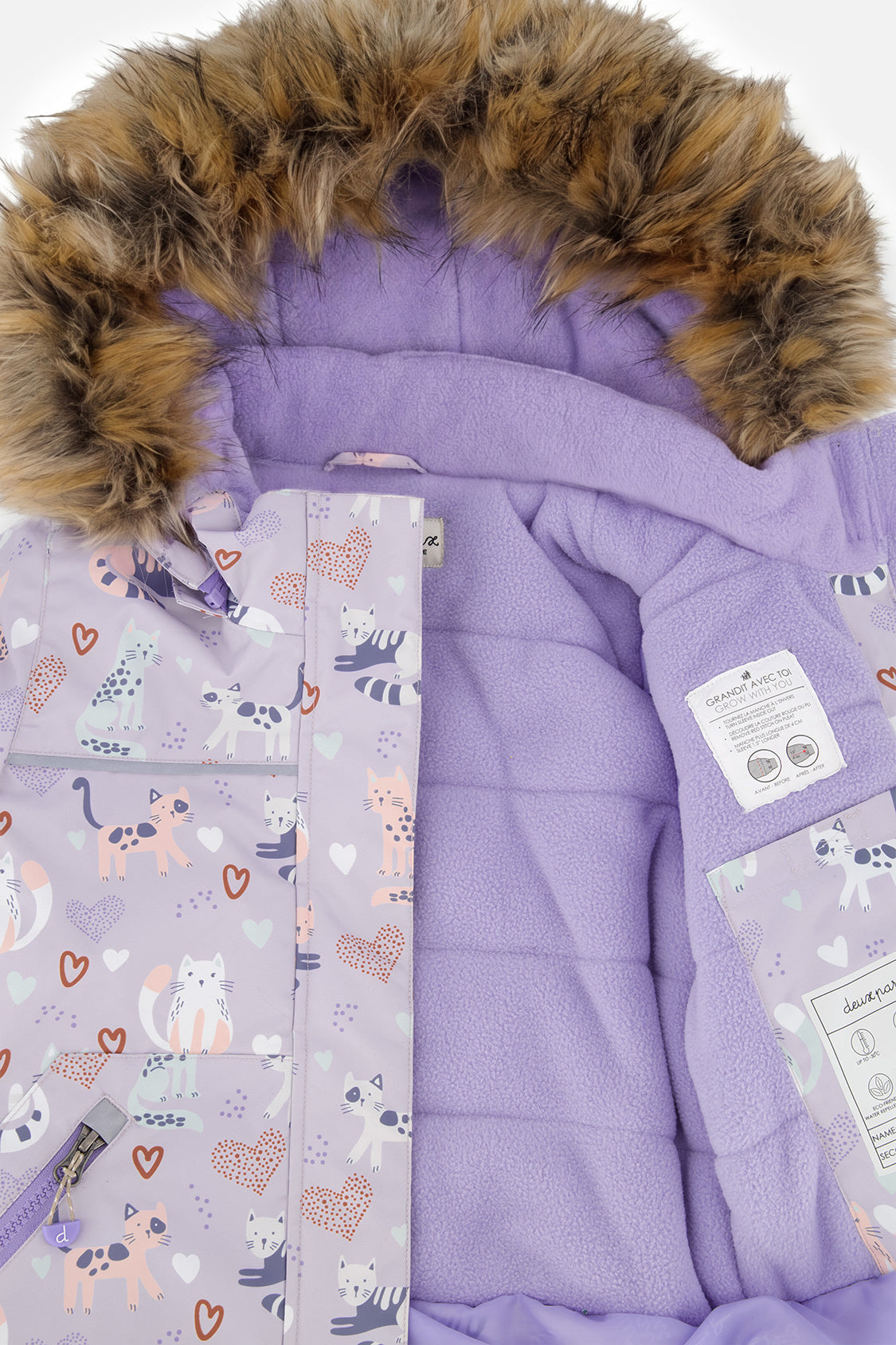 Deux par Deux purple cat-print DISCOVER two-piece snowsuit, winter product detail view