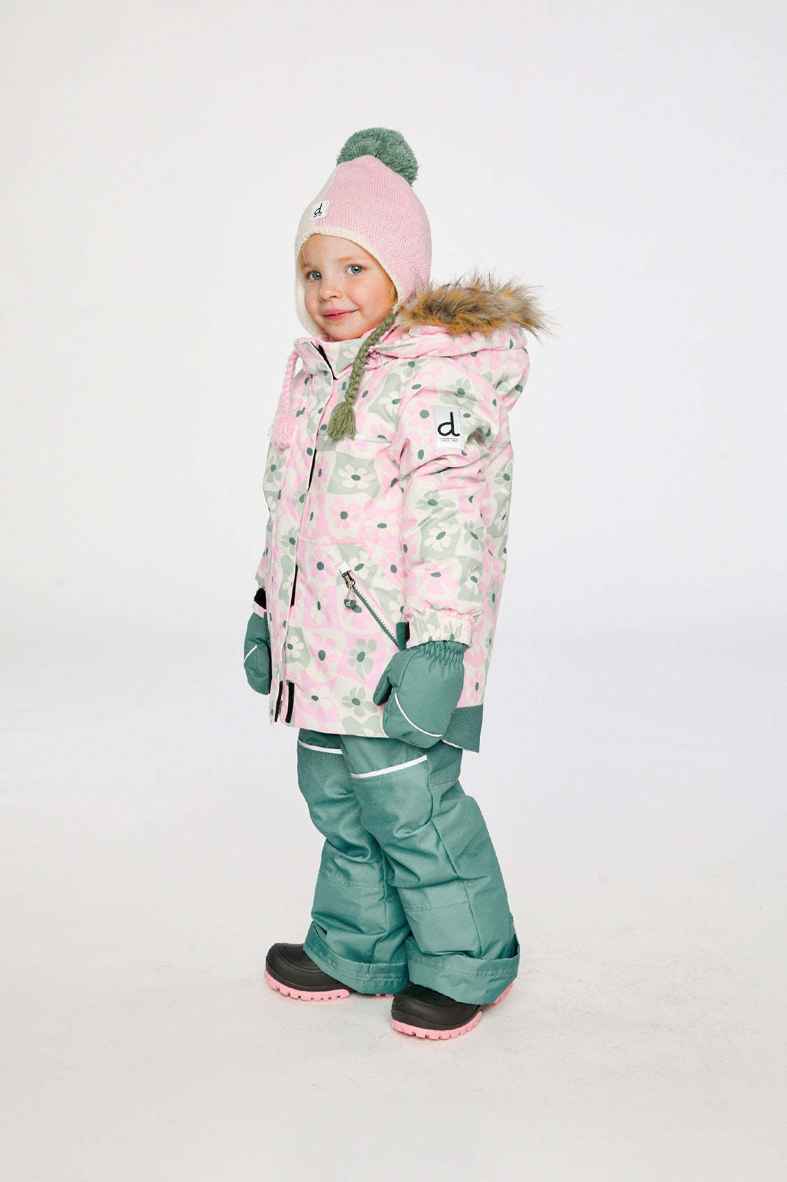 Deux par Deux girls DISCOVER snowsuit with retro pink print and Cordura bib snow pants