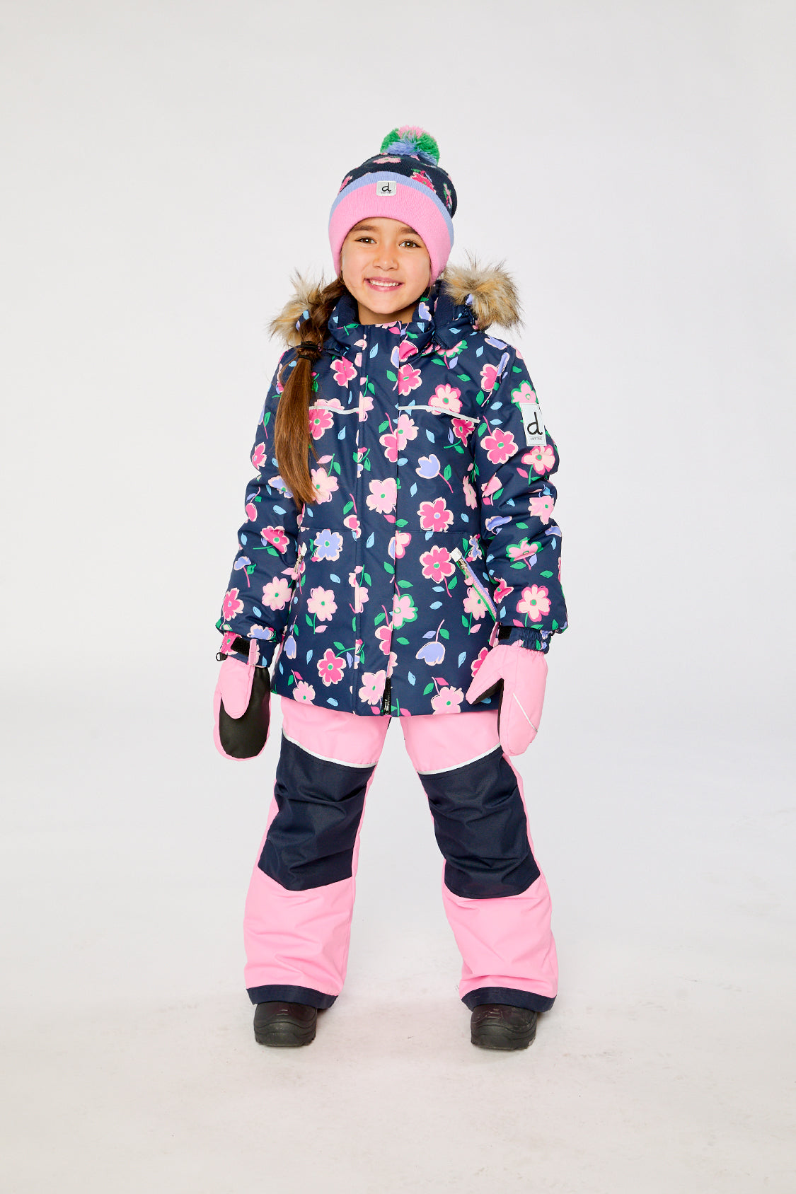 Deux par Deux blue floral DISCOVER snowsuit with bib pants and faux-fur hood